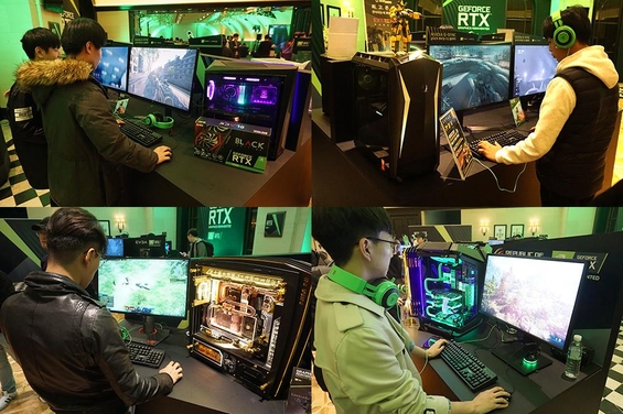엔비디아 국내 파트너사들의 지포스 RTX 20시리즈가 탑재된 다양한 게이밍 PC에서 참관객들이 최신 게임을 즐기고 있는 모습. / 최용석 기자