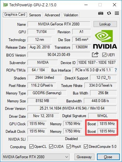 이엠텍 제논 지포스 RTX 2080 터보젯의 GPU-Z 정보창 모습. 레퍼런스 규격대비 약 5% 높은 팩토리 오버클럭이 적용됐다. / 최용석 기자