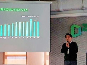 최재혁 네이버 에어스 리더가 21일 오전 테크포럼에서 뉴스 콘텐츠 추천 인공지능에 대해 설명하고 있다. / 차현아 기자