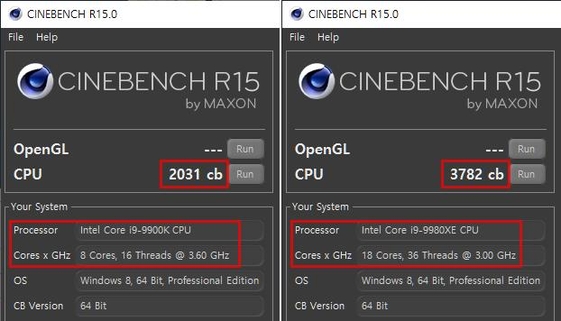 ‘시네벤치’를 이용한 18코어 ‘i9-09980XE(오른쪽)’ 프로세서와 일반 개인용 8코어 ‘i9-9900K’ 프로세서의 CPU 렌더링 성능 비교. / 최용석 기자
