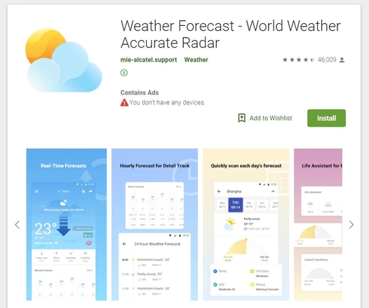 사용자의 중요 개인정보를 무단으로 수집 및 유출해온 것이 들통난 인기 날씨 앱 ‘기상 예측 - 세계 기상 측정 정확도 레이더’의 모습. / 구글 플레이스토어 갈무리.