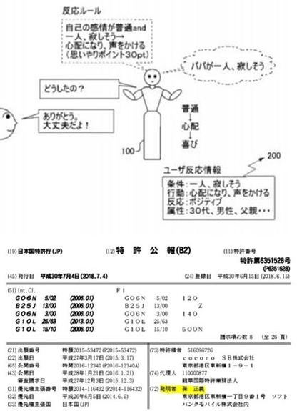 소프트뱅크의 ‘행동제어 시스템 및 프로그램’ 특허 도면(위). 손정의 회장이 발명자로 정식 등재돼 있음을 해당 ‘특허 공보’(아래)를 통해 확인할 수 있다. / 윈텔립스·일본 특허청 제공