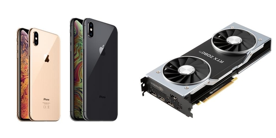 애플 아이폰 XS 시리즈(왼쪽)와 엔비디아 지포스 RTX 2080 Ti 파운더스 에디션. / 애플, 엔비디아 제공