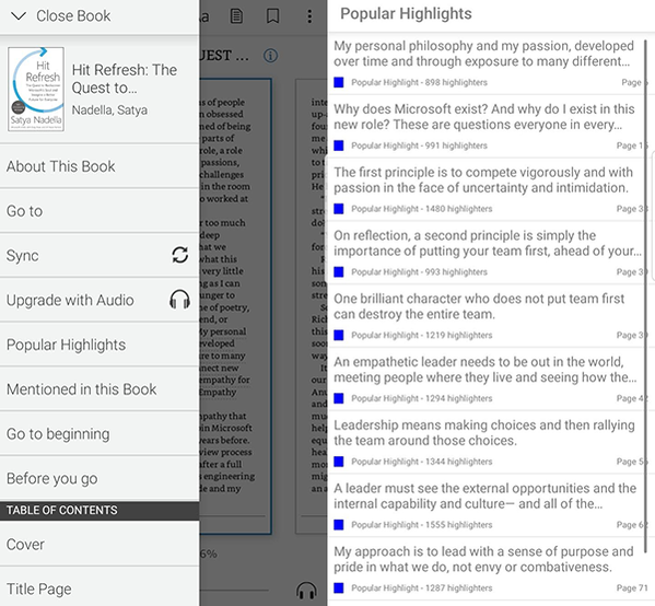아마존 킨들 앱의 메뉴에서 ‘Popular Highlight’를 선택하면 같은 책(Hit Refresh)를 읽은 독자들이 공유한 문구를 랭킹 순으로 보여준다.