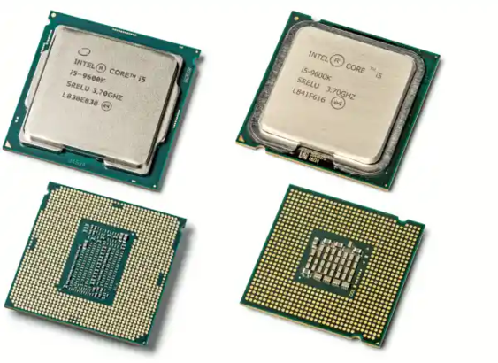 정상적인 인텔 코어 i5-9600K CPU(왼쪽)와 이번에 발견된 가짜 리마킹 CPU의 비교 사진. / 테크데이터 갈무리