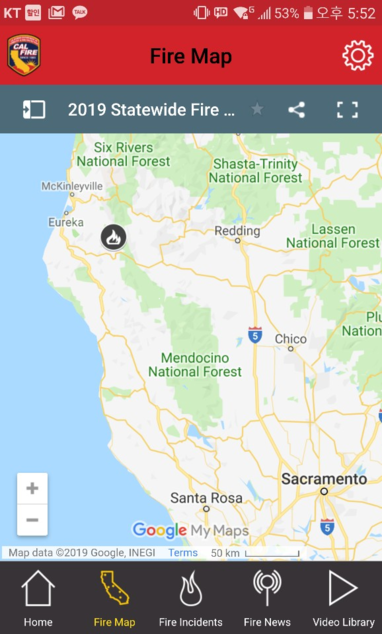 미국 캘리포니아주가 서비스하는 모바일 산불지도. 화재 아이콘을 누르면 정확한 주소와 위경도 위치는 물론 현재 상황까지 알려준다.
