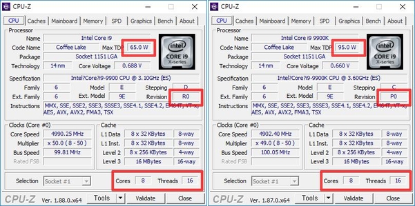 논 K 코어 i9-9900(왼쪽)과 i9-9900K의 CPU-Z 기본 정보 비교. / 최용석 기자