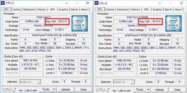 9세대 논 K 코어 i7-9700(왼쪽)과 i7-9700K의 기본 정보 비교. / 최용석 기자