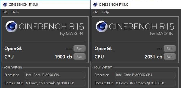 코어 i9-9900(왼쪽)과 i9-9900K의 시네벤치 R15 버전 성능 비교. / 최용석 기자