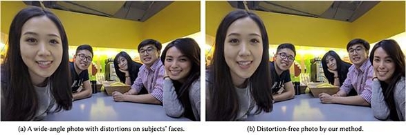 구글 광각 카메라 왜곡 억제 기술 예제. 일반 사진(왼쪽)과 왜곡을 억제한 사진. / 구글 개발자 블로그 갈무리
