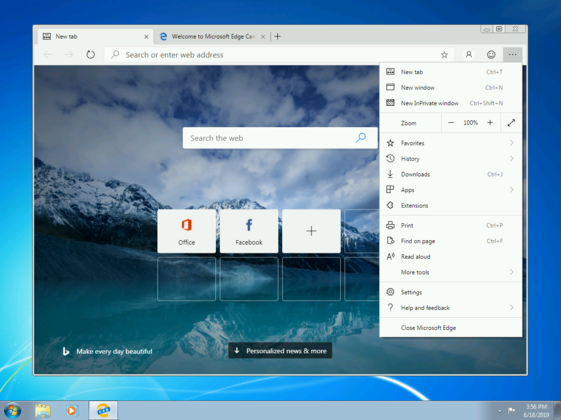 윈도 7에서 크로뮴 기반 엣지 브라우저를 실행한 모습. / MS 개발자 블로그 갈무리