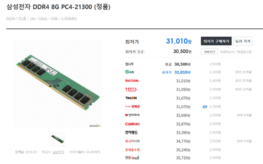7월 첫 주 기준 삼성전자 DDR4 8GB 메모리 모듈의 가격 비교 정보. 동일 제품의 가격이 1주일만에 1만원 이상 올랐다. / 다나와 갈무리