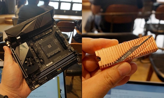 X570 칩셋 기반 미나ITX 메인보드(왼쪽)와 PCIe 4.0 지원 SSD 제품. / 최용석 기자