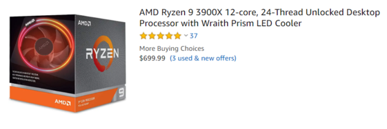 AMD 3세대 라이젠 9 3900X 제품이 정상가보다 200달러 가량 비싼 가격에 거래되고 있다. / 아마존 갈무리