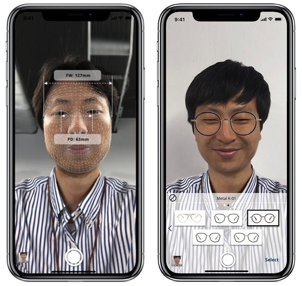 앱이 얼굴을 자동으로 인식해 치수를 재고 사이즈에 맞는 안경을 합성해 보여준다. / 블루프린트랩 제공