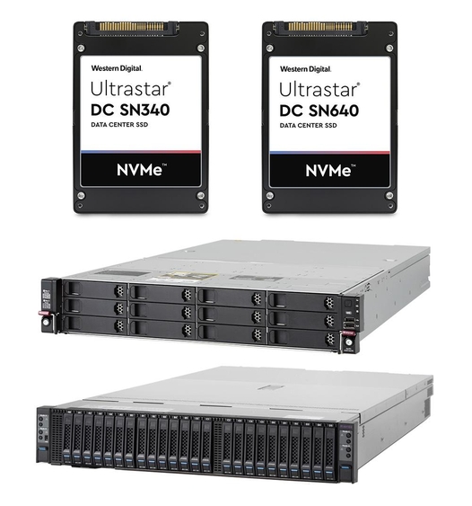 웨스턴디지털 데이터센터용 NVMe SSD 2종(울트라스타 DC SN340, DC SN640)과 스토리지 서버 솔루션 2종(울트라스타 Serv24+6(가운데), Serv24-4N(아래)). / 웨스턴디지털 제공