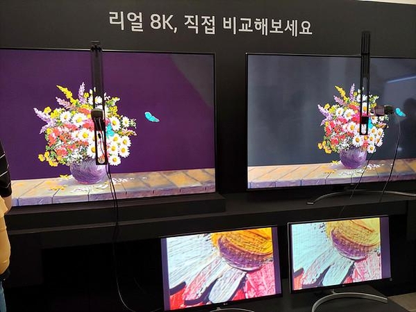 삼성전자 QLED TV(왼쪽)와 LG전자 OLED TV 화면 비교. / 차주경 기자