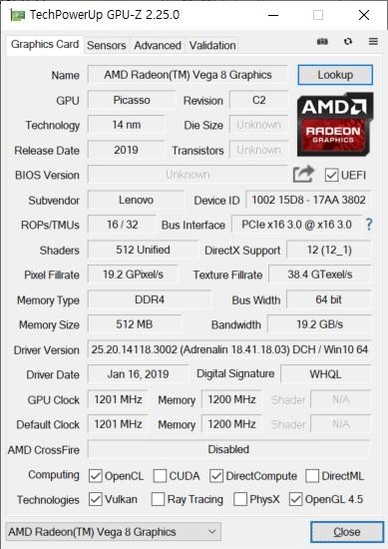 모바일 라이젠 5 3500U에 탑재된 ‘라데온 베가 8’ GPU의 세부 정보. / 최용석 기자