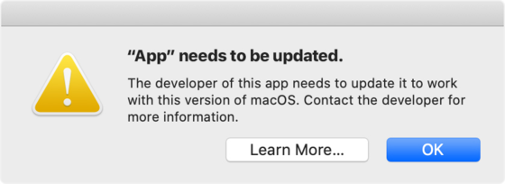 맥OS 카탈리나에서 32bit 기반 앱을 실행하면 뜨는 경고창. / 애플 홈페이지 갈무리
