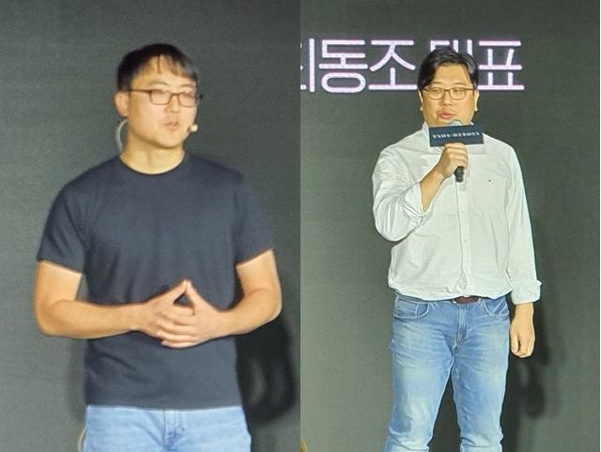 김민규 라인게임즈 대표(왼쪽), 최동조 우주 대표. / 오시영 기자