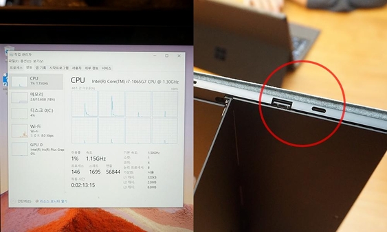 서피스 프로 7은 인텔의 ‘아이스레이크’ 10세대 프로세서를 탑재하고 다기능 타입C 단자(사진 오른쪽)가 추가됐다. / 최용석 기자