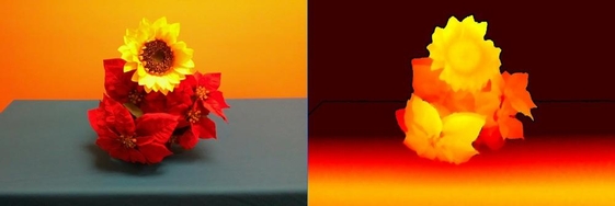 L515로 촬영한 원본 RGB 이미지(왼쪽)와 3D 심도 이미지(오른쪽). / 인텔 제공