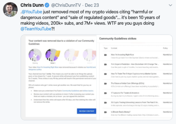 크리스 던은 트위터를 통해 암호화폐 관련 콘텐츠를 지우는 유튜브를 비난했다./트위터 갈무리