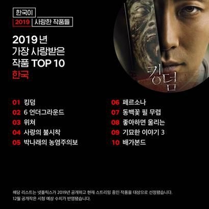 넷플릭스가 발표한 2019년 한국에서 가장 인기가 많았던 콘텐츠 톱10 안내 이미지./ 넷플릭스 제공