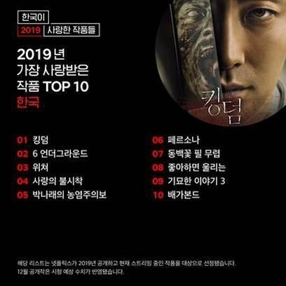  넷플릭스가 발표한 2019년 한국에서 가장 인기가 많았던 콘텐츠 톱10 안내 이미지. / 넷플릭스 제공
