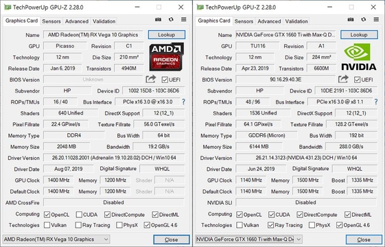 기본 라데온 베가 내장 그래픽(왼쪽)과 더불어 대다수 인기 온라인 게임을 즐기기에 충분한 지포스 GTX 1660 Ti 맥스큐 GPU(오른쪽)를 추가로 탑재했다. / 최용석 기자