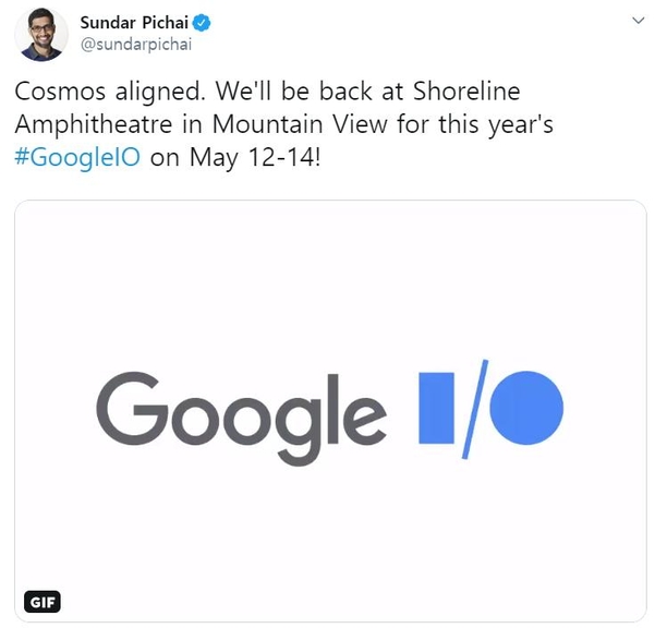 구글I/O 일정을 알리는 순다 피차이 구글 CEO의 트윗. / 트위터 갈무리
