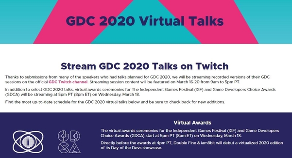 GDC 2020 온라인 개최 소식을 알리는 안내문. / GDC 홈페이지 갈무리