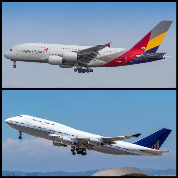 에어버스 A380(위)과 보잉 B747 모습. A380은 전체가 2층 구조인 데 비해 B747은 앞부분만 2층 구조다. / 항공사 홈페이지 갈무리