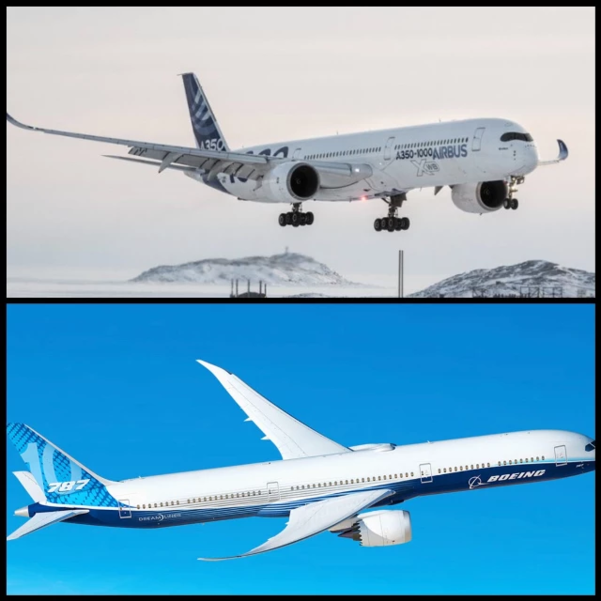 에어버스 A350(위)과 보잉 B787 모습. 두 항공기의 콕핏과 윙렛 디자인이 다름을 알 수 있다. / 항공사 홈페이지 갈무리