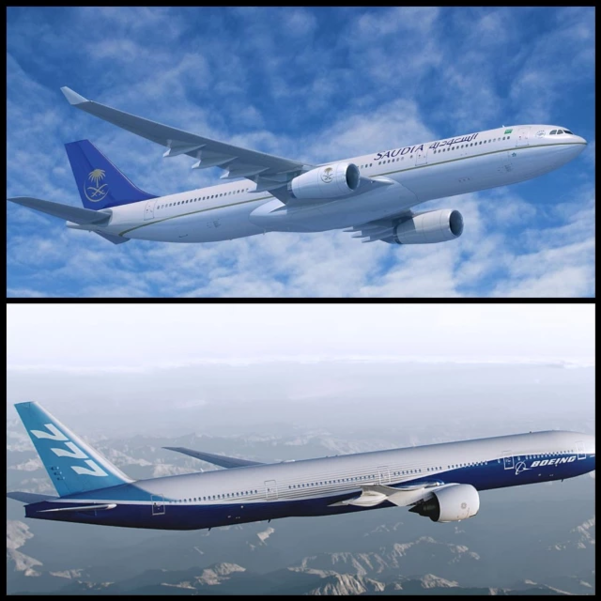 에어버스 A330(위)과 보잉 B777 모습. 두 항공기의 가장 큰 차이는 출입문 위치와 윙렛 형태, 꼬리날개 모양 등에 있다. / 항공사 홈페이지 갈무리