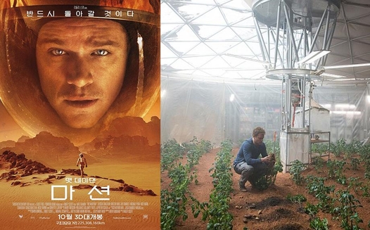 2015년작 영화 《마션》(Martian)은 ‘화성판 로빈슨 크루소’로 불린 흥미로운 작품이다. 한국 개봉 때의 포스터(왼쪽)와 화성에서 조난당한 주인공이 감자를 재배하는 장면(오른쪽).