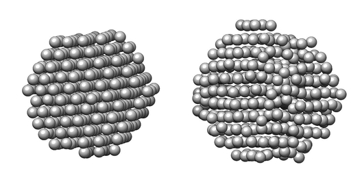 '3차원 증명 사진'으로 확인한 나노 입자의 구조적 차이. 원자가 잘 정렬된 나노 입자(왼쪽)와 내부에 결함이 있는 것을 확인 할 수 있는 나노 입자(오른쪽) / 삼성전자 제공