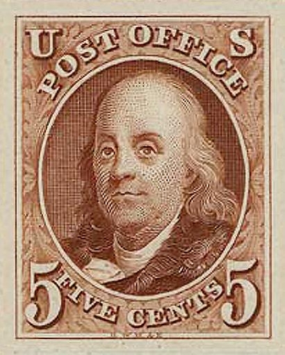 미국 우정국이 1847년 '10센트 워싱턴'과 함께 발행한 미국 최초의 우표 ‘5센트 프랭클린’. 한참 후인 1876년 미국 독립 100주년을 맞아 필라델피아 박람회를 개최하며 이 미국 최초 우표를 홍보하기로 결정했으나 구하기가 쉽지 않아, 1875년에 2종을 재발행(reprint)했다. 미국 우정국 공식 발행은 맞지만 실제로 우편에 사용하지는 못한 '우표 아닌 우표'가 탄생했다.