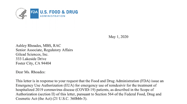 미국 식품의약국(FDA)이 1일(현지시각) 코로나 바이러스 감염증 치료제로 주목받는 렘데시비르에 대한 긴급 사용을 승인했다. /FDA