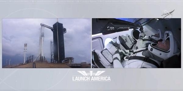 27일 생중계 한 스페이스X의 유인우주선 ‘크루드래곤’ 발사 준비 모습/ NASA 유튜브
