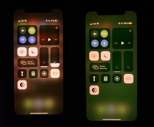 아이폰 정상 화면(왼쪽)과 녹색으로 변한 화면 / 맥루머스