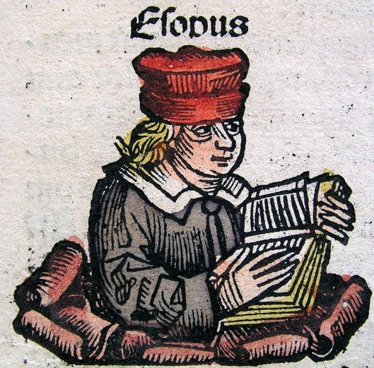 하르트만 셰델(Hartmann Schedel)이 쓴 《뉘른베르크 연대기》(Liber Chronicarum; Nürnberger Chronik)에 실린 목판화 삽화. 이솝이 15세기 독일인처럼 옷을 입고 있다.