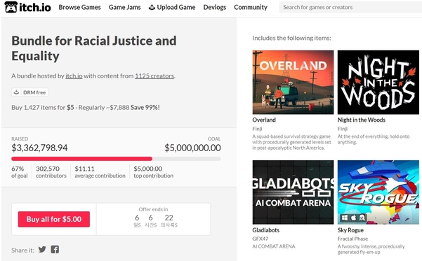 인종 정의와 평등을 위한 게임 번들 판매 화면 / 오시영 기자