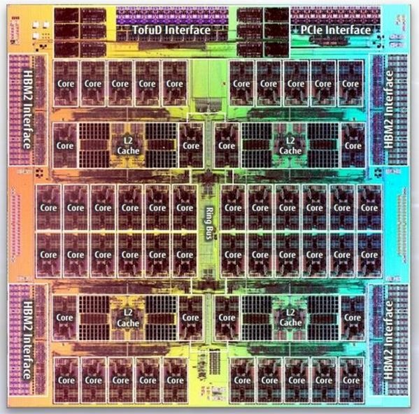  A64FX CPU. ARM 기반으로 48개의 코어 3.4테라플롭스의 이론성능을 구현했다. 후가쿠에 약 15만개의 A64FX가 탑재됐다. / 일본 이화학연구소
