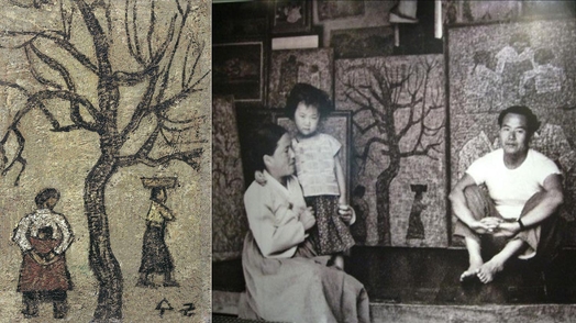 잘 알려져 있다시피, 《나목(裸木)》 속 옥회도의 모델은 화가 박수근(朴壽根, 1914~1965)이다. 왼쪽은 박수근 作 〈나무와 여인〉(1956, 하드보드에 유채, 27*19.5cm). 오른쪽은 가족과 함께 한 박수근 화가. 사진 속에 〈나무와 여인〉이 보인다.