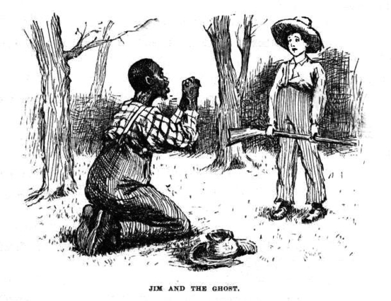 헉(Huck)은 카누를 타고 건너간 잭슨 섬에서 왓슨 부인의 도망친 흑인 노예 짐(Jim)을 만난다(위 그림은 E. W. Kemble이 1884년 초판본에 그린 삽화로, 헉은 죽었다고 알려졌기에 짐은 유령을 만난 줄 알고 공포에 질린다).  둘은 함께 뗏목을 타고 미시시피 강을 따라 내려가며 들르는 여러 마을에서 여러 일들을 겪다가 증기선에 부딪쳐 헤어지게 된다. 헉(Huck)은 켄터키 강변의 그랜저포드(Grangerfords)가에 의탁하게 되어 또래 소년인 벅(Buck)과 친구가 되고, 그랜저포드가가 셰퍼드슨(Shepherdsons)네와 오랫동안 원한관계에 있음을 알게 된다. 벅의 누나가 셰퍼드슨가 젊은이와 야반도주한 것을 계기로 벅을 포함한 그랜저포드 일가가 복수에 나섰으나 모두 죽고 만다. 그 와중에 뗏목을 찾아 고쳐 숨어있던 짐과 헉은 다시 만나게 된다.