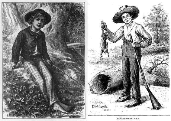 이전 작품인 《톰 소여의 모험》(왼쪽, 1876년 초판본 속표지)을 통해 이미 장난꾸러기면서도 용기 있고, 재치 있고, 우정이 돈독한 톰 소여라는 인물을 탄생시킨 마크 트웨인은 보다 성숙하고 인간적인 허클베리 핀을 탄생시켰다. 《허클베리 핀의 모험》(오른쪽, 1884년 초판본 삽화)은 처음 출간 당시 ‘불량 도서’ 판정을 받았는데, 주인공 헉 핀이 거짓말과 욕설, 상스런 말을 밥 먹듯이 하며, 당시 미국 사회의 주춧돌이라고 할 수 있는 기독교와 도덕 그리고 학교 교육을 조롱하고 거부하기 때문으로, 미국 전역 많은 학교에서 이 작품을 학생들이 읽어서는 안 되는 금서로 지정했다.