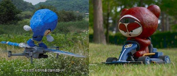 은월검 카트를 탄 다오 모형(왼쪽), 연습카트를 탄 배찌 모형 / 사나고 유튜브
