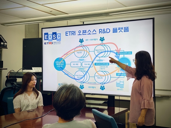 ETRI 연구진들이 오픈소스화 R&D 플랫폼 체계를 설명하는 모습 / ETRI