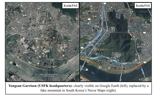 구글어스(왼쪽)와 네이버지도 용산 지역 사진 비교. 네이버 지도는 용산 미군 기지 등을 보안 처리했다. / 미국 과학자협회